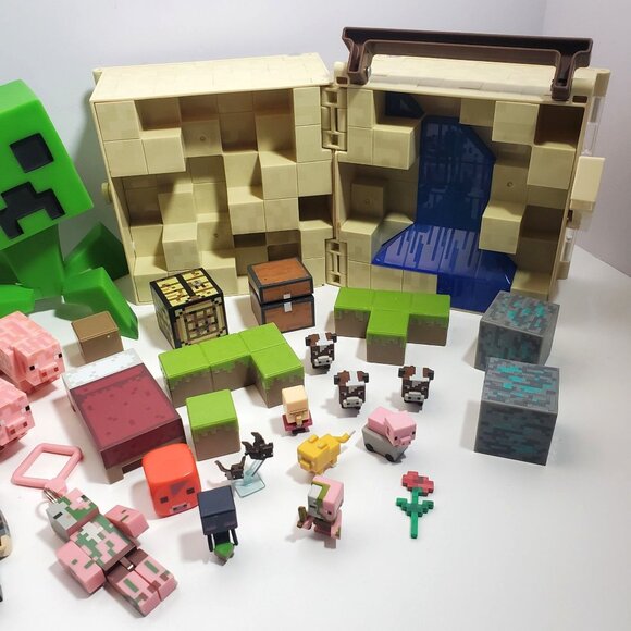 Minecraft Adventure Figures Lot Creeper Dragon Pigs Case Boxes Steve Ocelot Cows - Picture 3 of 13